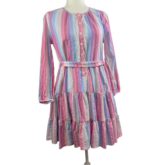 J Crew Veda Pastel Stripe Metallic Thread 100% Cotton Belted Dress Small Pockets - Picture 10 of 13